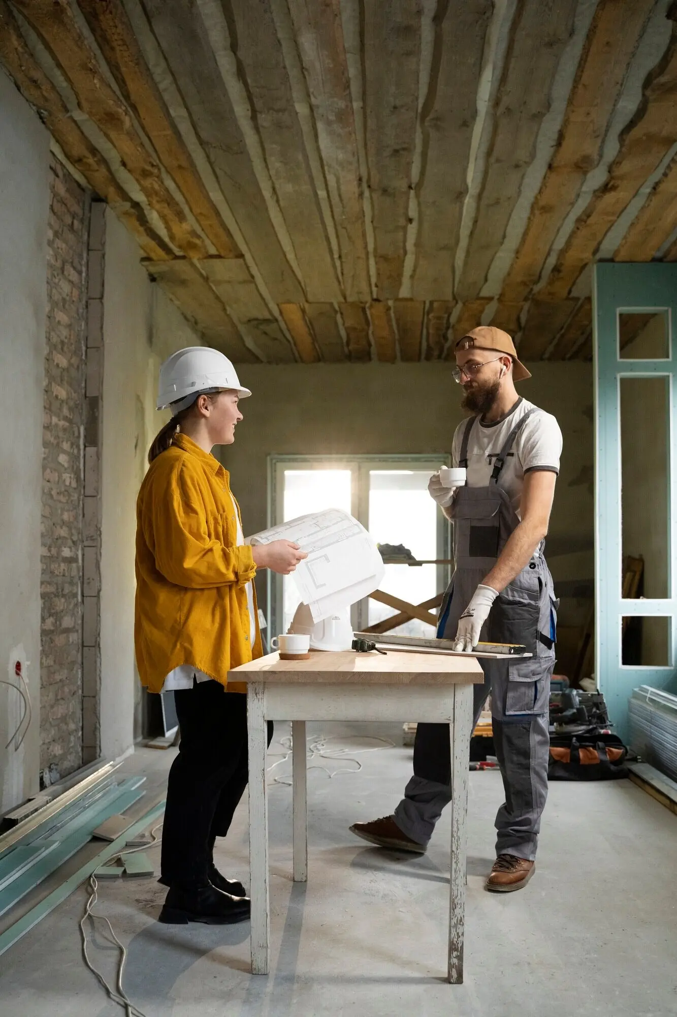A tiler working on the renovation of an apartment.