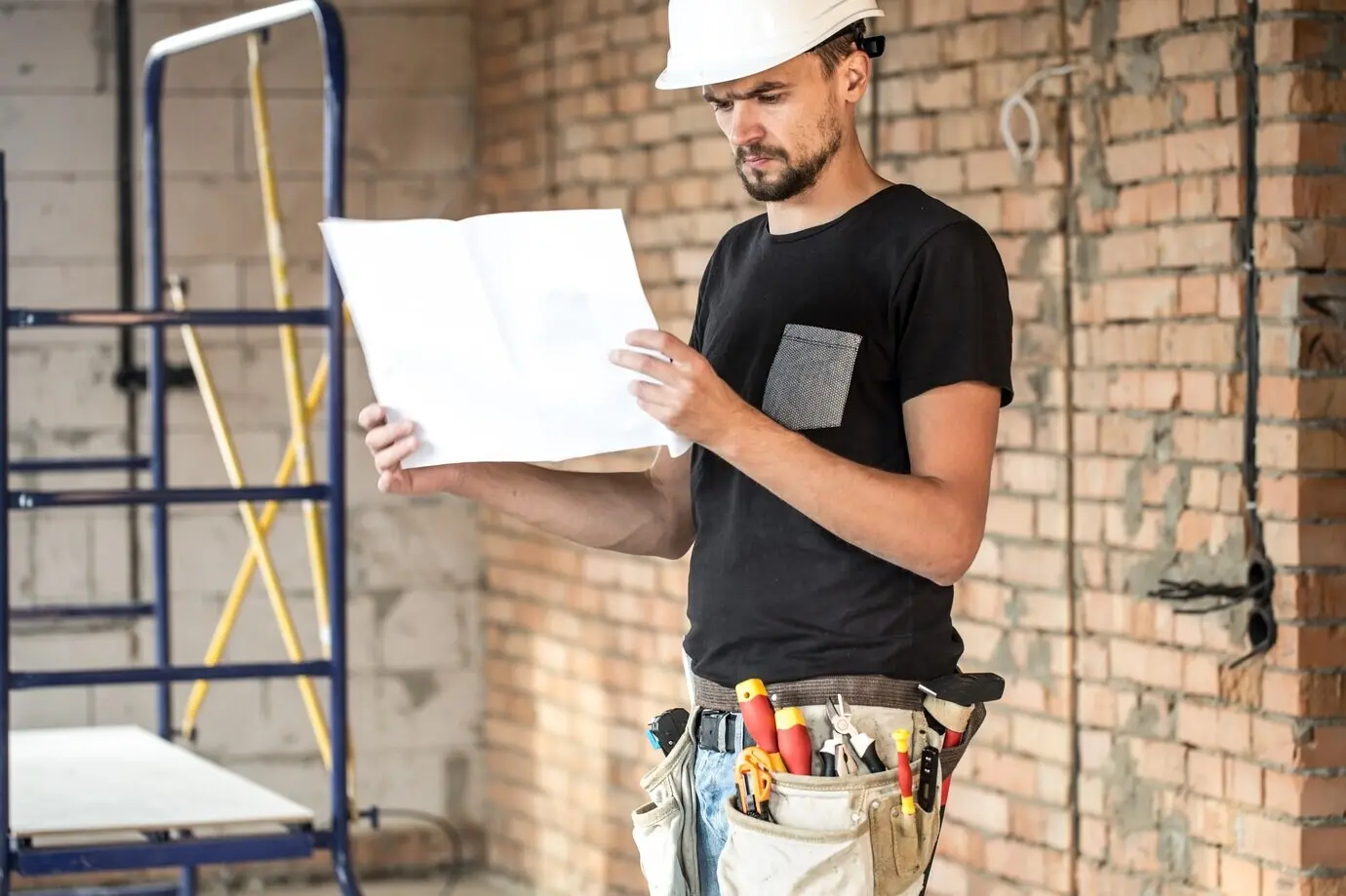 A builder at a construction site, equipped with construction tools, examining a blueprint.